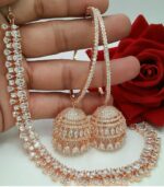 Beautiful Attractive Bali Jumki Earrings With Diamond Necklace Set Made Of Metal Like Brass And Copper Plated With Rose Gold. And with Cubic Zirconia / American Diamond