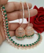 Beautiful Attractive Bali Jumki Earrings With Diamond Necklace Set Made Of Metal Like Brass And Copper Plated With Rose Gold. And with Green Cubic Zirconia / American Diamond