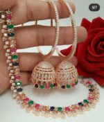 Beautiful charming Bali jumki earrings with diamond necklace are made of metal like brass and copper which is plated with rose gold. and dark blue, green, red with cubic zirconia / american diamond