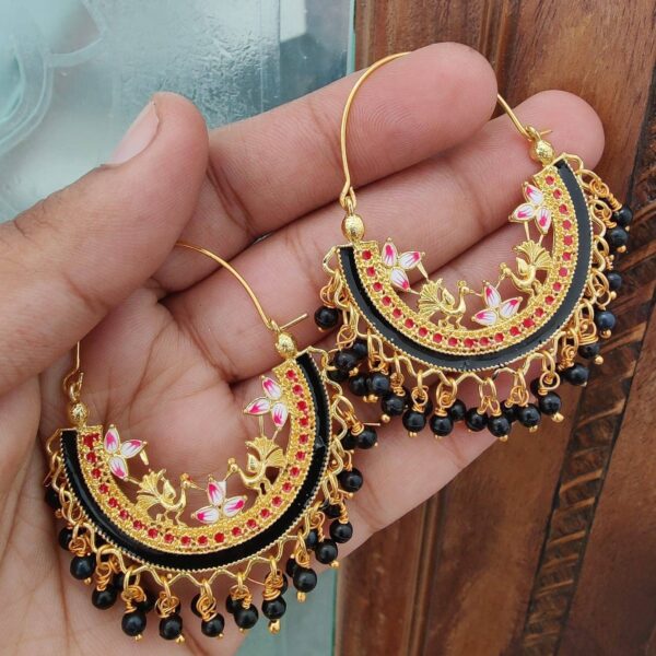Big Size Bali Metal Brass Gold Plated Black Color Artificial Beads Bahubali Earrings With Enamel Work
