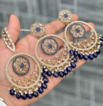 Beautiful premium quality reverse Ad Quill tip blue coloured artificial stone, pearl earrings and tilak made of base metal alloy and gold plated and presented in hand holding