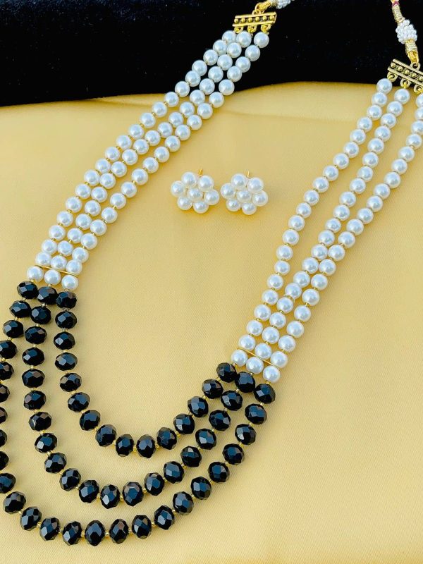 Beautiful Black triple-layer pearl rosary necklace and earring set made of pearls with a gold string chain