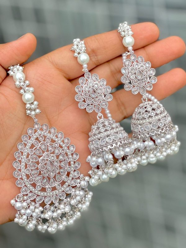 Beautiful premium quality Rhodium polish review ad stone chain jhumki beautiful big size tikka is a base metal alloy with white gold plated. Artificial Stone, Pearl, Kundan, Stone Studded with Cubic Zirconia/American Diamond