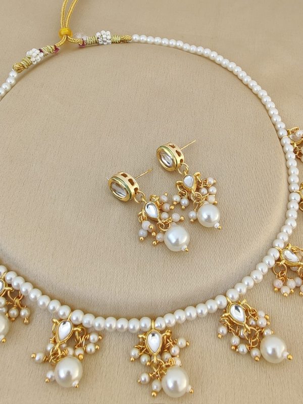 Glass Beads Necklace With Beautiful Earrings, small light set which is made of Base Metal Alloy and Gold Plated In which Stone Type white Pearls