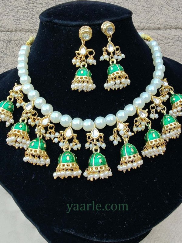 Green Necklace With Beautiful Jhumka Style Earrings and white Kundan pearls Gold Plating